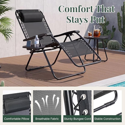 Zero Gravity Chairs Set of 2, Outdoor Folding Lounge Chairs | Foldable Reclining Patio Lawn Chairs with Mesh Back, Adjustable Pillows and Cup Holder Trays, for Pool, Beach, Backyard