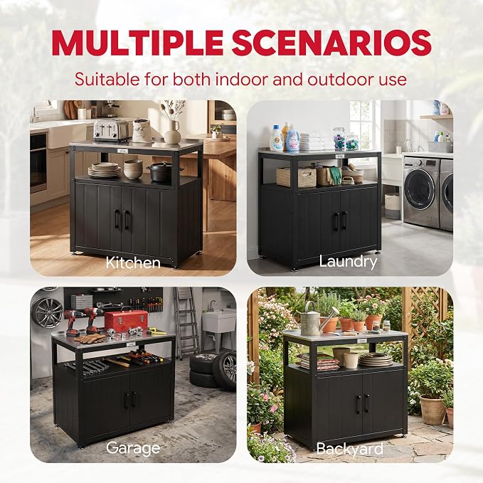 Feasto Metal Outdoor Potting Bench with Storage Cabinet for Garden Work | Durable Metal Cabinet & Stainless Steel Top, Open Middle Shelf, Raised Edge & Adjustable Feet, for Patio, Lawn & Greenhouse