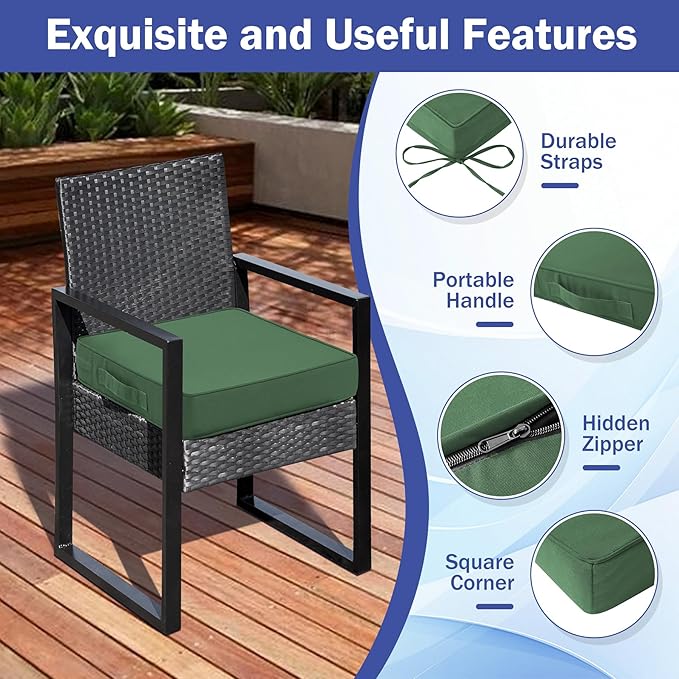 IASEAHK Patio Chair Cushions, 19" x 19" x 3" Outdoor Chair Cushions Set of 4, Waterproof Outdoor Cushions for Patio Furniture, Outdoors Seat Cushions with Handle and Ties, Forest Green