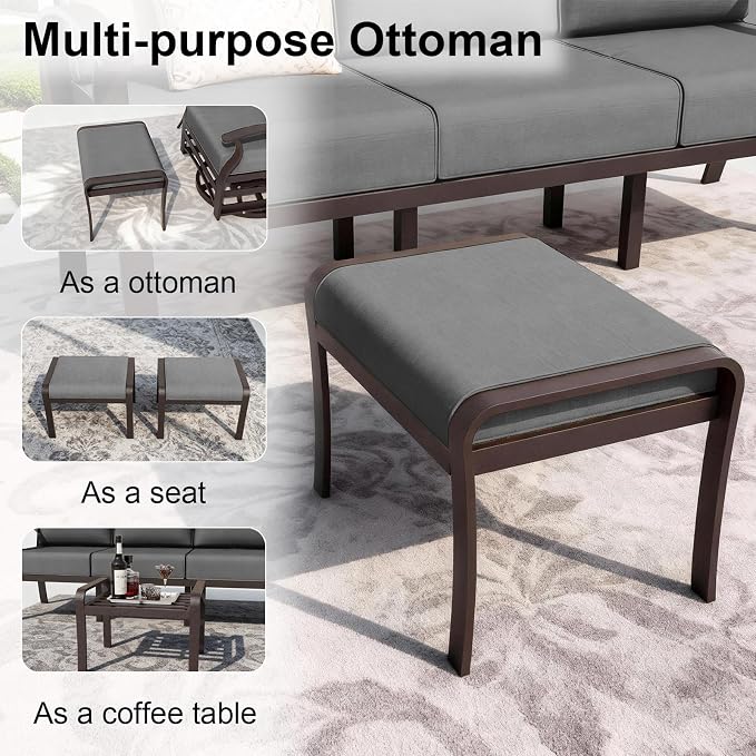 ALAULM Aluminum Patio Furniture Set with Coffee Table Rectangular, 6-seat Outdoor Sectional Furniture w/Swivel Chairs and 2 Ottomans, Patio Conversation Set for Porch, Backyard, Poolside-Grey