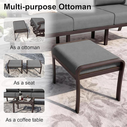 ALAULM Aluminum Patio Furniture Set with Coffee Table Rectangular, 6-seat Outdoor Sectional Furniture w/Swivel Chairs and 2 Ottomans, Patio Conversation Set for Porch, Backyard, Poolside-Grey