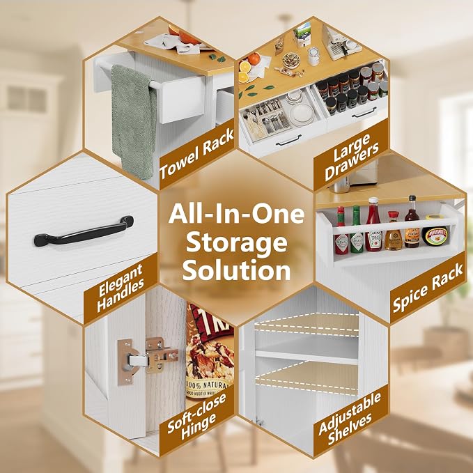 YESHOMY Kitchen Island on Wheels with Trash Cabinet, White & Brown | 56" Mobile Cart with Drop Leaf and Drawers, Rolling Portable Table with Spice Rack & Towel Holder for Dining Room