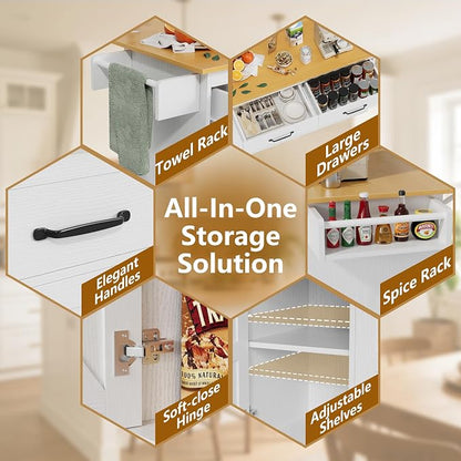 YESHOMY Kitchen Island on Wheels with Trash Cabinet, White & Brown | 56" Mobile Cart with Drop Leaf and Drawers, Rolling Portable Table with Spice Rack & Towel Holder for Dining Room