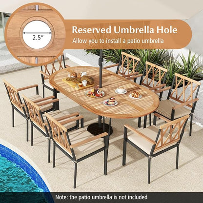 Tangkula 79" Large Patio Dining Table for 6, Acacia Wood 6-Person Dining Table with 2.5" Umbrella Hole & Metal Legs & Adjustable Foot Pads, Oval Outside Table for Garden, Poolside & Backyard