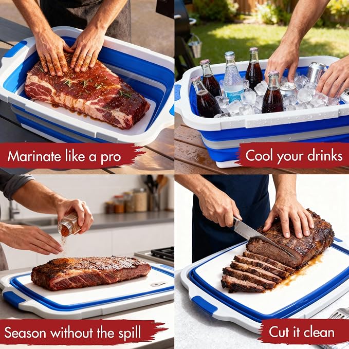 Collapsible XL Smoker & BBQ Prep Tub with Locking Lid | Includes Cutting Board, Meat Marinade & Brine Container For Turkey, Brisket & Ribs - Best Grill Accessories Gifts For Men