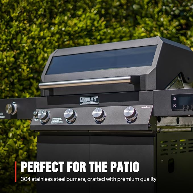 Monument Grills Denali Series, 4+1 Liquid Propane Gas Smart BBQ Grill, 4 Burners & 1 Side Burner Denali 425 with Smart Technology and Knob Controls, Black