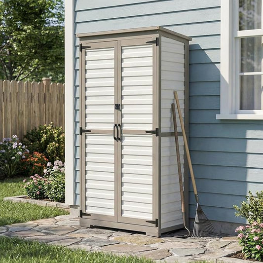 PetsCosset Outdoor Storage Cabinet with Shelves, Wood & Plastic Garden Shed, Weatherproof Outside Tool Cabinet for Patio, Backyard, Pool
