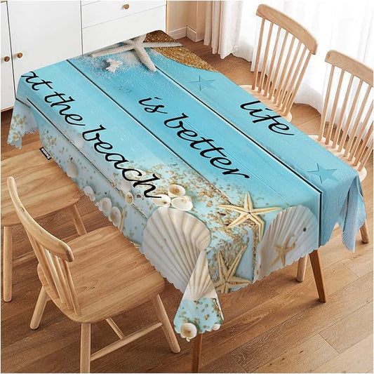 Swono Beach Wood Tablecloth Straw Hat Seashell Starfish Rectangle Table Cloth, Life is Better at The Beach Quote 52x 70 Inch Tablecloth Plaid Table Cover for Kitchen Holiday Dinner