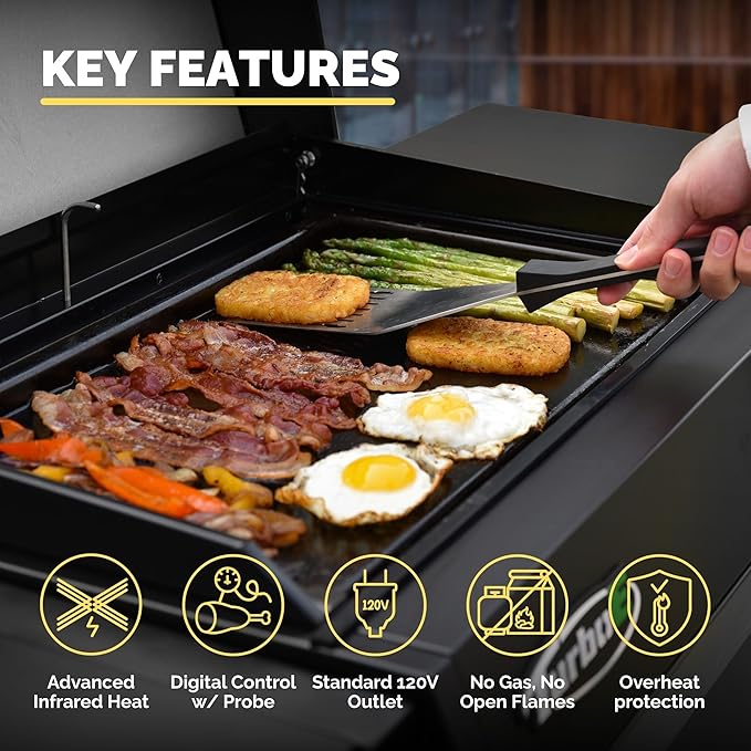 Turbo E Sport Compact Electric Grill, 1700W Infrared, Digital Display with Probe, Apartment Friendly