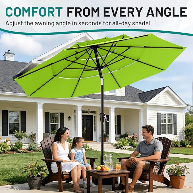 AreShark 9ft 3-Tier Patio Umbrellas, Outdoor Umbrella with 8 Sturdy Ribs UV Protection Windproof, Market Table Umbrella w/Push Button Tilt & Crank for Pool, Porch, Deck, Garden(Apple Green)