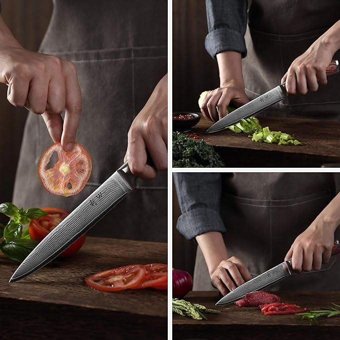 Wakoli EDIB Damascus Meat Knife – 7-Inch Japanese-Style Kitchen Knife for Meat, BBQ, and Roasts, 67-Layer Damascus Steel Blade with VG10 Core, Ergonomic Pakkawood Handle – Carving Knife in Gift Box