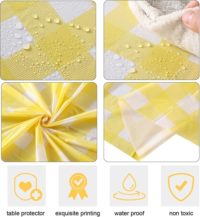 Disposable Checkered Tablecloth Round Plastic Buffalo Plaid Table Cloth 84'' Gingham Tablecover for Picnic Camping BBQ Graduation Party(Yellow and White,6 Pieces)
