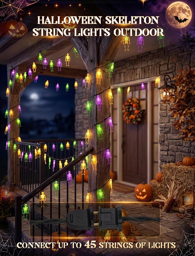 8.5Ft Halloween Skull String Lights, 10 LED Orange Green Purple Skeletons | Plug in, End-to-end Connectable, Weathproof & UL Listed, Hanging Halloween Ghost Decor for Indoor Outdoor Patio Porch Party