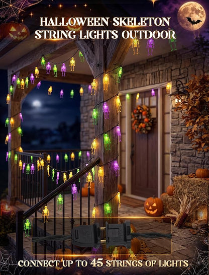 8.5Ft Halloween Skull String Lights, 10 LED Orange Green Purple Skeletons | Plug in, End-to-end Connectable, Weathproof & UL Listed, Hanging Halloween Ghost Decor for Indoor Outdoor Patio Porch Party
