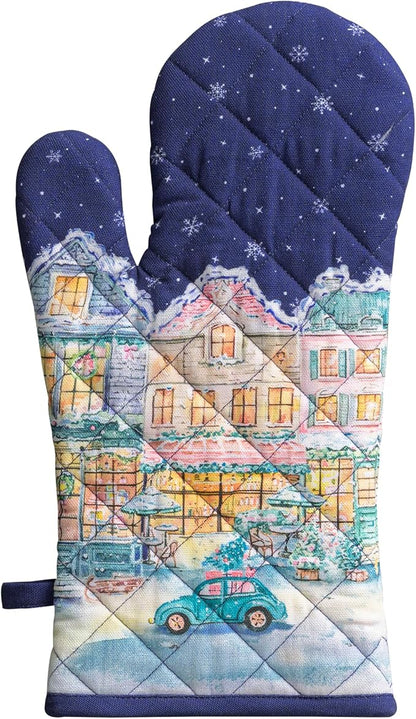 Maison d'Hermine Oven Gloves 100% Cotton Oven Mitt (7" x 13", Pack of 1) | With Loop Heat Resistant BBQ Cooking Gloves Baking Kitchen Handling Hot Pans Thanksgiving Christmas - Christmas Market - Blue