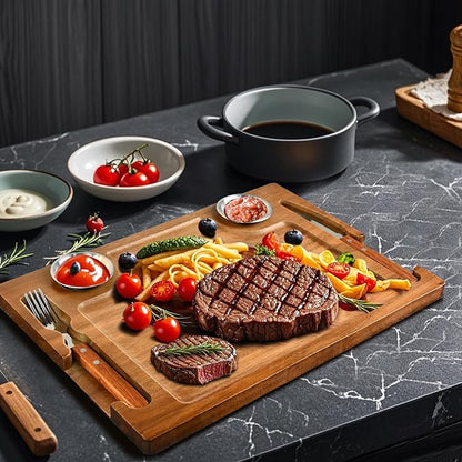 Acacia Wooden Steak Board - Reversible Charcuterie Boards Cutting Board Set with Fork, Knife and 2 SUS304 Ramekins,15.7” Wood Serving Board for Home BBQ,Gift for Women Men(1 Set)