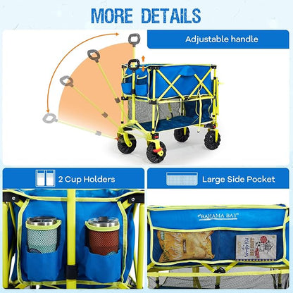 400L Collapsible Double Decker Beach Wagon with Brakes, Folding Beach Cart with 54" Extra Long Decker, 450LBS Heavy Duty Wagon Chart with All-Terrain Big Wheels for Sand Camping Garden