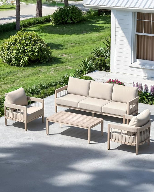 Patio Sofa Chairs Set of 2, Never-Rust Aluminum Outdoor Armchairs with Faux Wood Grain Finish, 2 Pieces Rope Weave Outdoor Sofa Chairs with Removable Cushions for Garden, Backyard, Deck