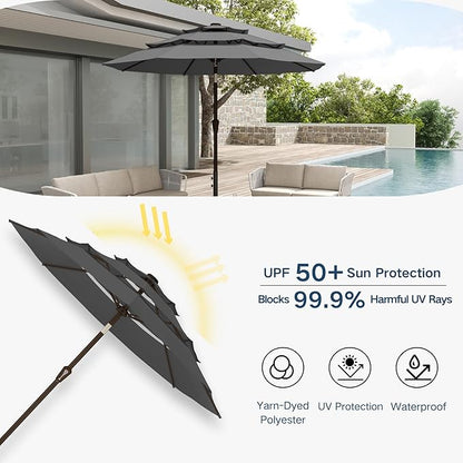 10FT Patio Umbrella 3 Tiers Outdoor Market Umbrella w/Push Button Tilt, Crank, UV and Waterproof Table Umbrella for Garden, Pool, Backyard, Deck, Lawn, Grey