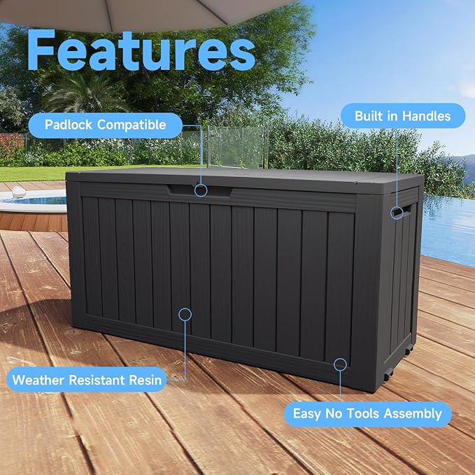 Pepe Tee Waterproof Resin Deck Box, Outdoor Storage Bin for Patio Furniture Cushions, All-Weather Garden Organizer & Seating Bench, Black