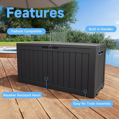 Pepe Tee Waterproof Resin Deck Box, Outdoor Storage Bin for Patio Furniture Cushions, All-Weather Garden Organizer & Seating Bench, Black