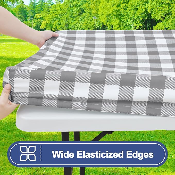Smiry Picnic Table Cover with Bench Covers, Waterproof Elastic Fitted Tablecloths for 5 Foot Rectangle Tables, Washable Buffalo Plaid Tablecloth for Camping, Outdoor (Grey & White, 30"x60")