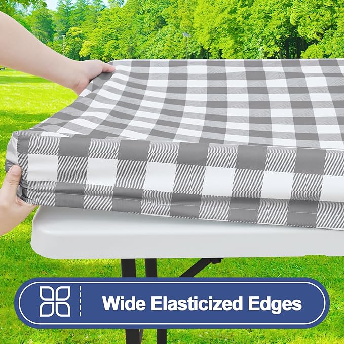 Smiry Picnic Table Cloth 2 Pack, Waterproof Elastic Fitted Tablecloths for 8FT Rectangle Tables, Washable Polyester Buffalo Plaid Tablecloth for Camping, Dining & Outdoor (Grey & White, 30" x 96")