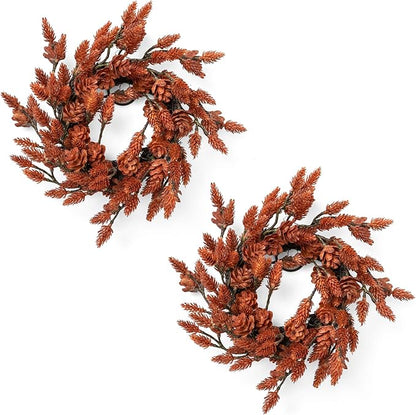 2 Pcs Christmas Candle Rings Wreaths, 10 Inch Candle Wreath with Artificial Red Pinecone, Christmas Candle Holder Indoor Decor for Home Kitchen Cabinets Centerpieces for Tables