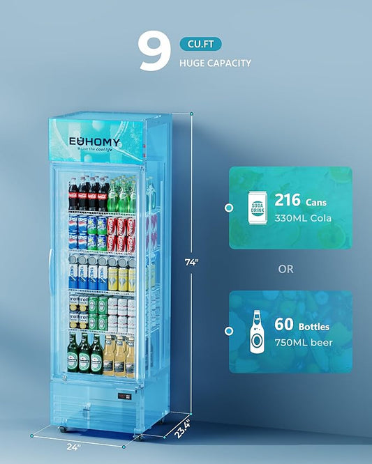 EUHOMY Commercial Display Refrigerator, 9 Cu.Ft Glass Door Merchandiser Drink Fridge with Soft LED Light Adjustable Shelves, Commercial Beverage Refrigerator for Bar, Restaurant, Cafe(Black)