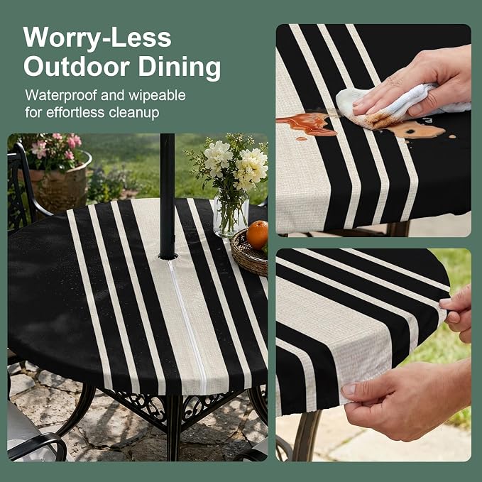 Outdoor Fitted Tablecloth with Umbrella Hole and Zipper, Black Beige Striped Elastic Round Patio Table Cover, Farmhouse Retro Lines Modern Windproof Table Protector for Backyard BBQ Party 31''-35''