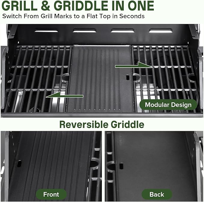 Gas Grill and Griddle Combo with Side Burner, 4-Burner Propane Grill with Porcelain-Enameled Cast Iron Grates and Double-Wall Insulated Lid, 49,000 BTU BBQ Grill for Outdoor Cooking