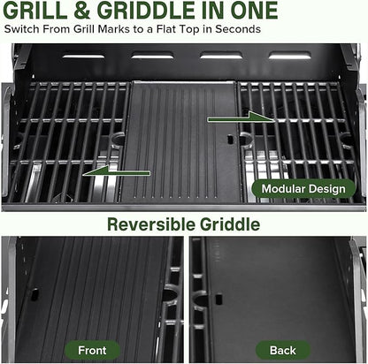 Gas Grill and Griddle Combo with Side Burner, 4-Burner Propane Grill with Porcelain-Enameled Cast Iron Grates and Double-Wall Insulated Lid, 49,000 BTU BBQ Grill for Outdoor Cooking