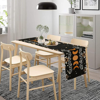 Boho Moon Phase Flower Kitchen Table Runner Non-Slip Rectangle Kitchen Black Bohemian Floral Printed Pattern for CoffeeDiningPartyWedding Table 13x60Inch