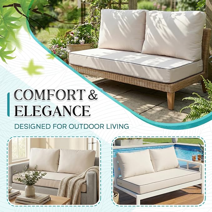 Outdoor Sofa Cushion Set - Plush Patio Seat and Back Pillows, Thick Comfort Foam for Porch, Deck, Garden Furniture Cushion Replacement (Cream)