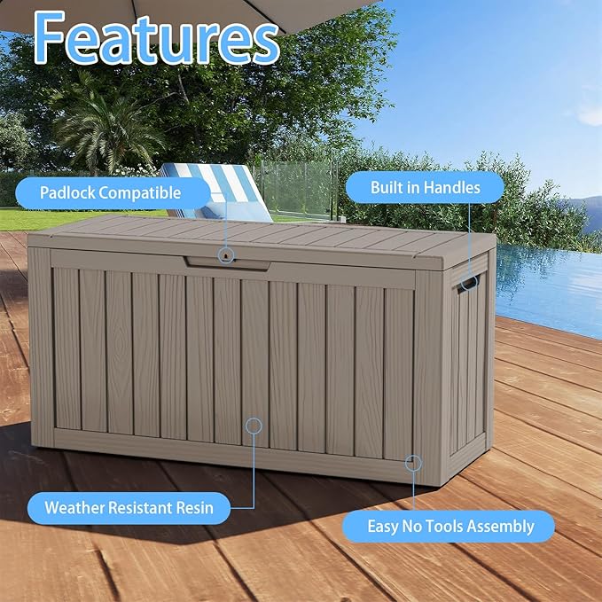 Pepe Tee Waterproof Resin Deck Box, Outdoor Storage Bin for Patio Furniture Cushions, All-Weather Garden Organizer & Seating Bench, Coffee