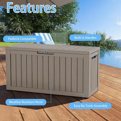 Pepe Tee Waterproof Resin Deck Box, Outdoor Storage Bin for Patio Furniture Cushions, All-Weather Garden Organizer & Seating Bench, Coffee