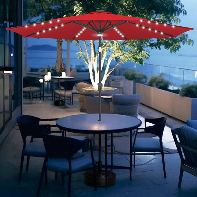FLAME&SHADE Solar Patio Umbrella with a Centre Light, 9 FT Red | 40 LED Lights, UV Protection, Waterproof, Porch Deck Outdoor Umbrella for Pool, Backyard, Garden, Provides Evening Lighting