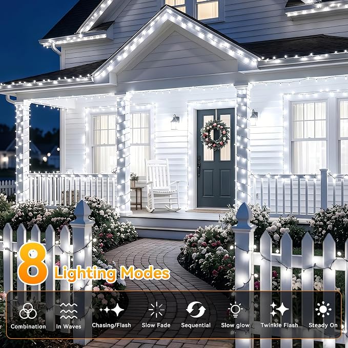 Solar String Lights 2 Pack Total 66FT 200LED Solar Fairy Lights Outdoor Waterproof 8 Modes Twinkle Solar Lights for Patio, Garden Yard Party Wedding Tree Christmas Halloween Decoration, White