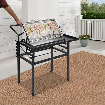 360° Rotating Charcoal Grill with Cart & Wheels, Flipping Charcoal Grill, Portable Camping Charcoal BBQ Grill, Detachable Outdoor Camping Barbecue Grill for Outdoor Camping, Backyard, Garden Parties