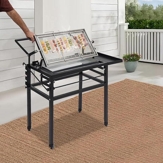 360° Rotating Charcoal Grill with Cart & Wheels, Flipping Charcoal Grill, Portable Camping Charcoal BBQ Grill, Detachable Outdoor Camping Barbecue Grill for Outdoor Camping, Backyard, Garden Parties