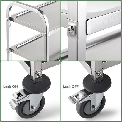 Stainless Steel Serving Trolley, 38" L x 20" W x 37" H 3 Tiered Shelf Kitchen Utility Cart, Rolling Casters Brake Wheel, Commercial Pro for Restaurant/Hotel/Lab/Clinic/Salon/Workshop