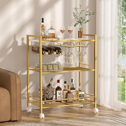Joaxswe Bar Cart,3-Tier Home Bar Serving Cart with Lockable Wheels,Gold | Microwave Cart,Mobile Kitchen Shelf,Rolling Beverage Cart with Wine Rack and Glass Holder for Kitchen,Dinning Room