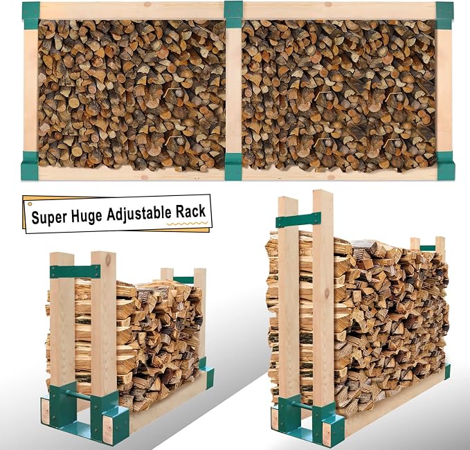 MOFEEZ Outdoor Firewood Log Storage Rack 2x4 Bracket Kit, Fireplace Wood Storage Holder, Adjustable to Any Length - Green, Two Bases