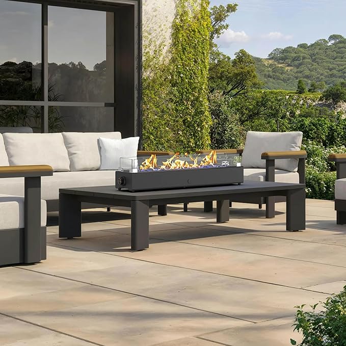 36-inch Table Top Propane Fire Pit, 40,000 BTU Tabletop Firepit for Patio, Outdoor Portable Rectangular Fire Bowl w/Wind Glass Shield, Glass Rocks - Black