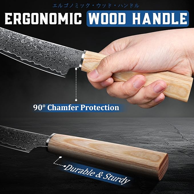 ROCOCO Damascus Japanese Utility Knife - Sharp Fruit Paring Knives Meat Cleaver for Home Kitchen BBQ 5.3"