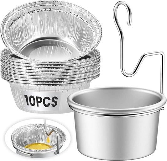 Premium Grill Grease Trap Kit - Includes 10 Liners & Heavy-Duty Clips - Universal Fit for Weber, Char-Broil, Kenmore Grills - Rust-Proof, Easy-Clean Design for Mess-Free BBQ（Silver）