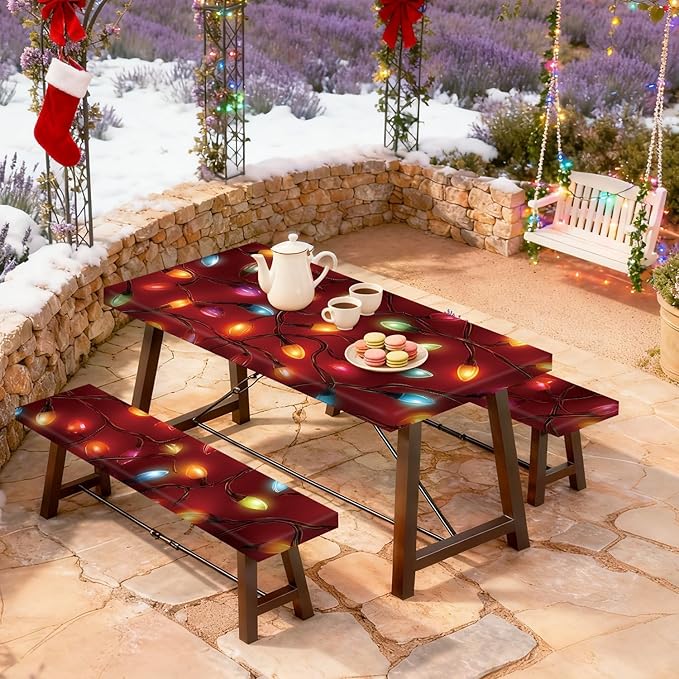 Christmas Picnic Table Cover with Bench Cover, Outdoor Picnic Table Elastic Tablecloth, Red Holiday Light Design, Camping, Barbecue and Christmas Parties