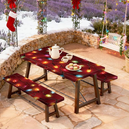 Christmas Picnic Table Cover with Bench Cover, Outdoor Picnic Table Elastic Tablecloth, Red Holiday Light Design, Camping, Barbecue and Christmas Parties