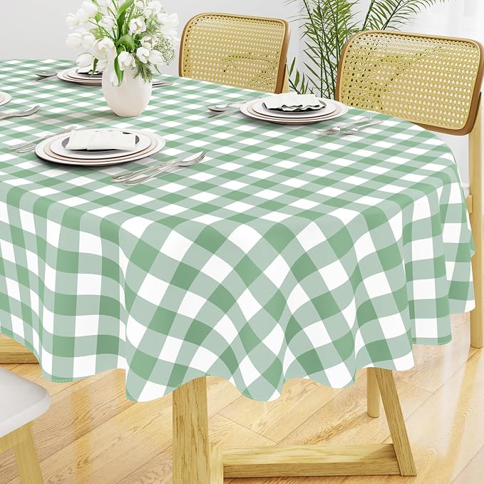 Smiry Oval Table Cloth, Vinyl Tablecloths with Flannel Backing, 60"x84" | Waterproof Picnic Table Cloth, Wipeable Buffalo Plaid Table Cover for Indoor and Outdoor (Sage Green & White)