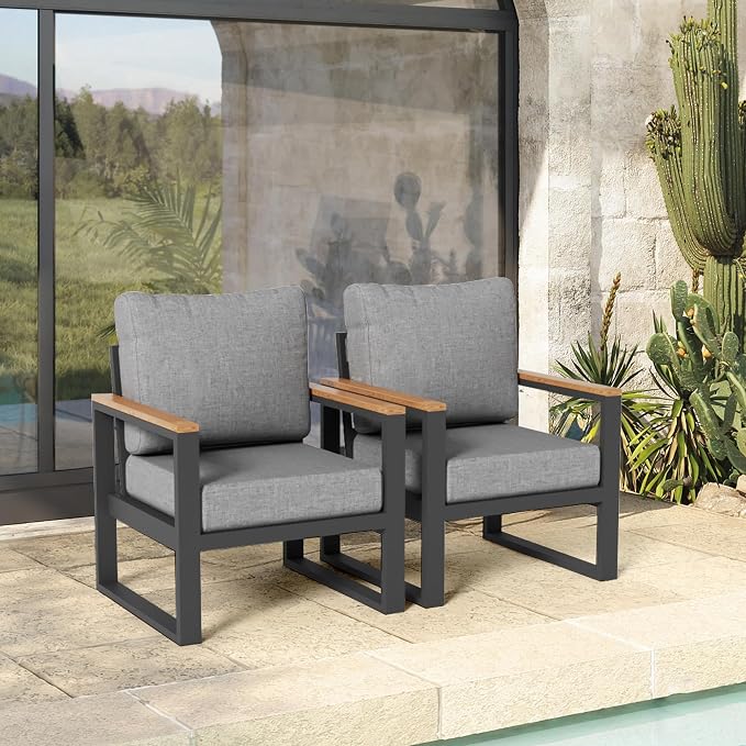 Sundale Outdoor 2 Pieces Patio Aluminum Armchairs, All-Weather Outdoor Furniture with 6” Olefin Cushion & Wide Armrest, Outdoor Chairs or Garden Deck Porch(Grey)